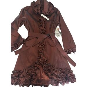 Dons Collection Ruffle Trench Coat Long Jacket Taffeta Fancy Dress Coat NWT Med.